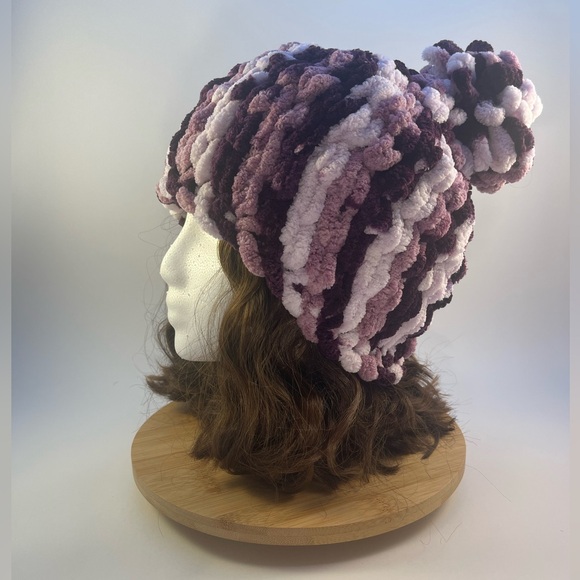 Handmade Women’s/Junior’s Winter Hat With Loopy Pom-Pom - Variegated Purple - Picture 5 of 9